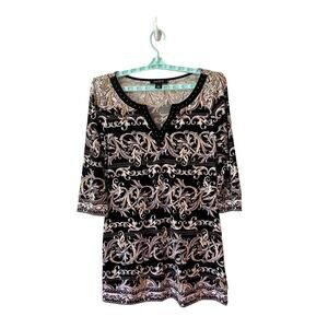 White House Black Market Tunic Dress Women Size M Black Multicolor Print Studded